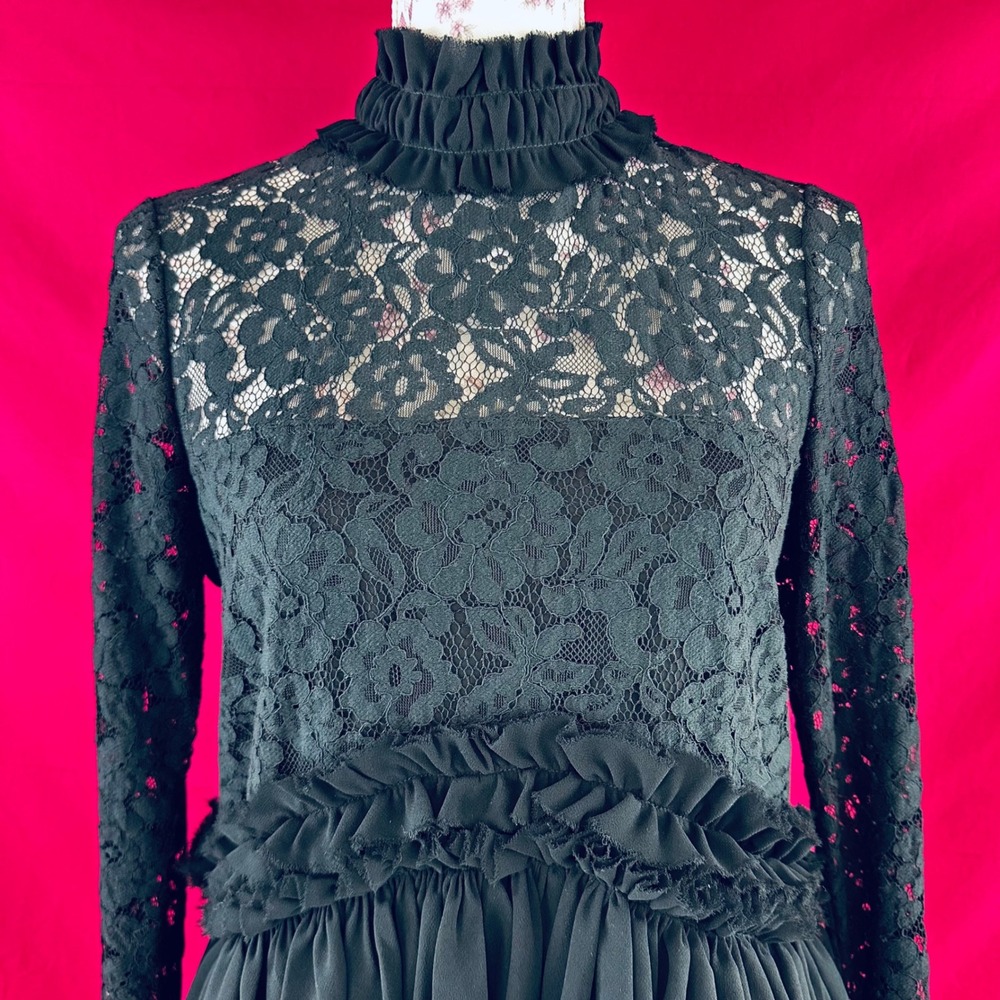 TUCKERNUCK Black Lace Ruffle Peplum Myla Top Mock Neck Long Sleeve Blouse XS - Picture 5 of 17
